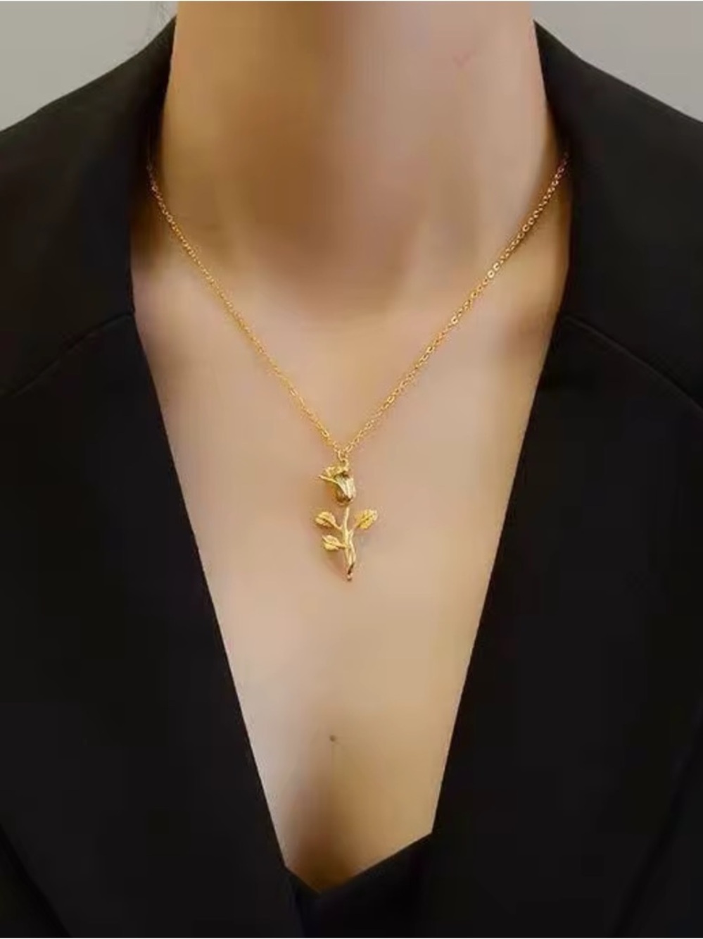 Gold Plated Rose Pendant Necklace Stainless Steel - Picture 5 of 7